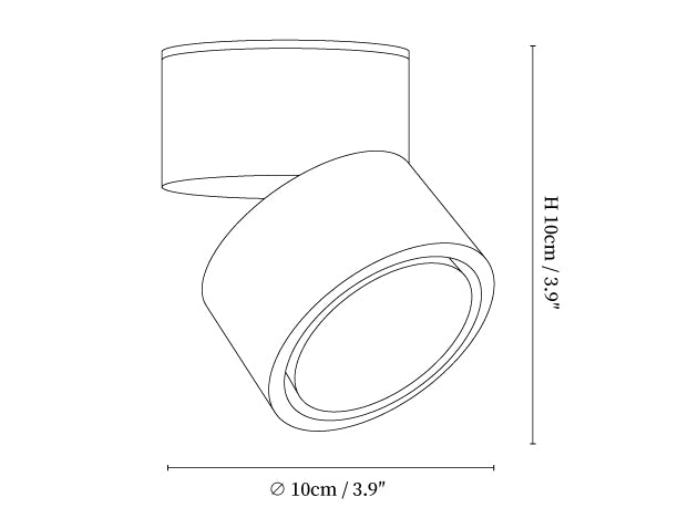 Dimension drawing of the rotatable spotlight ceiling light, in outline against white.
