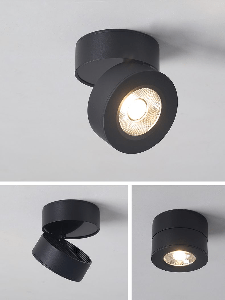 Black Clérachic spotlight tilted towards the viewer, with two smaller inset views below showing it angled sideways and sitting flat.