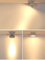 White Clérachic spotlight at a ceiling edge, aimed at an angle, with two smaller views below showing a narrow beam and a flat, wide glow.