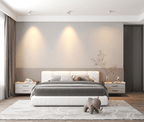 White Clérachic spotlights along a bedroom ceiling, throwing three soft pools of light on the wall behind a white bed.
