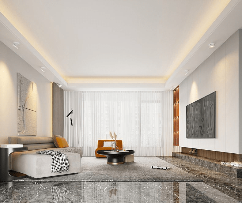 Wide living room with a stepped ceiling and a warm cove light, with small white Clérachic spotlights lighting the wall panels.