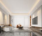 Wide living room with a stepped ceiling and a warm cove light, with small white Clérachic spotlights lighting the wall panels.