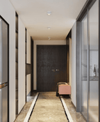 White Clérachic spotlights on the ceiling of a long hallway with a polished stone floor, dark double doors and a pink bench at the end.
