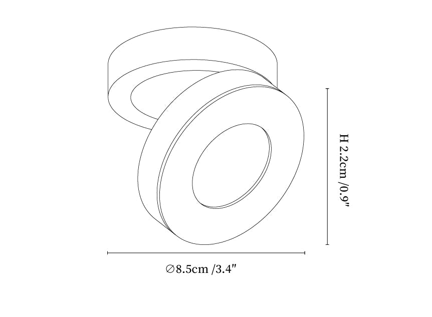 Clérachic ceiling light dimension drawing, every measurement marked in centimetres and inches.