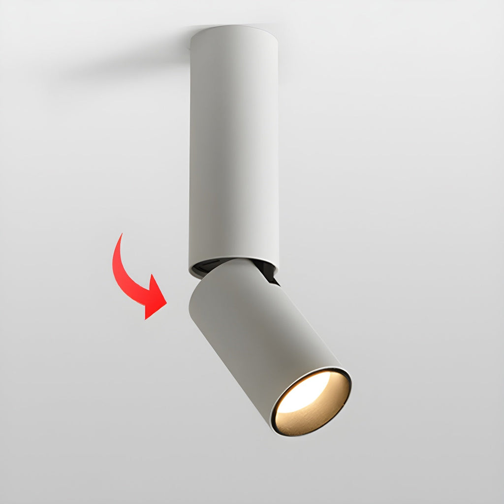 White Clérachic spotlight with a red arrow showing how the lower head swivels away from the pole, lit warm.