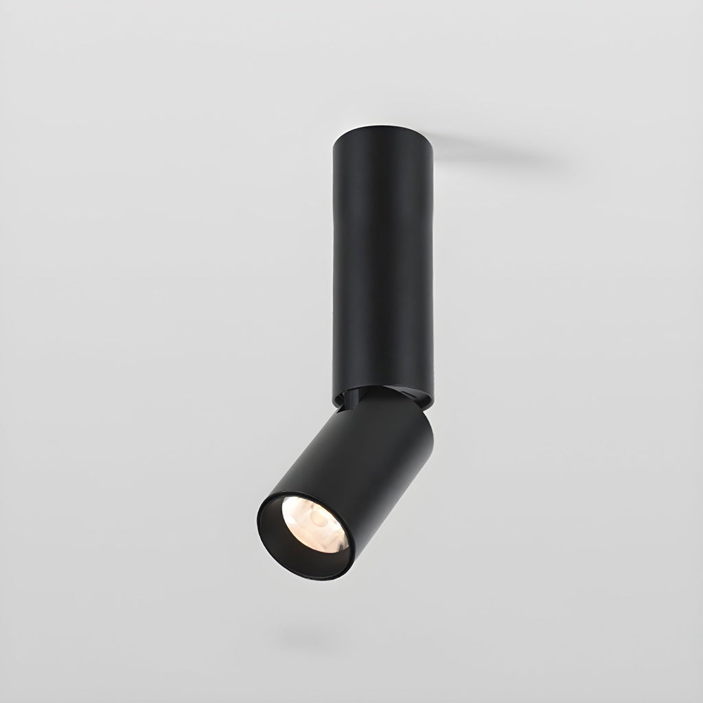 A black Clérachic spotlight with a longer pole and a tilted head, its lens showing a faceted reflector.