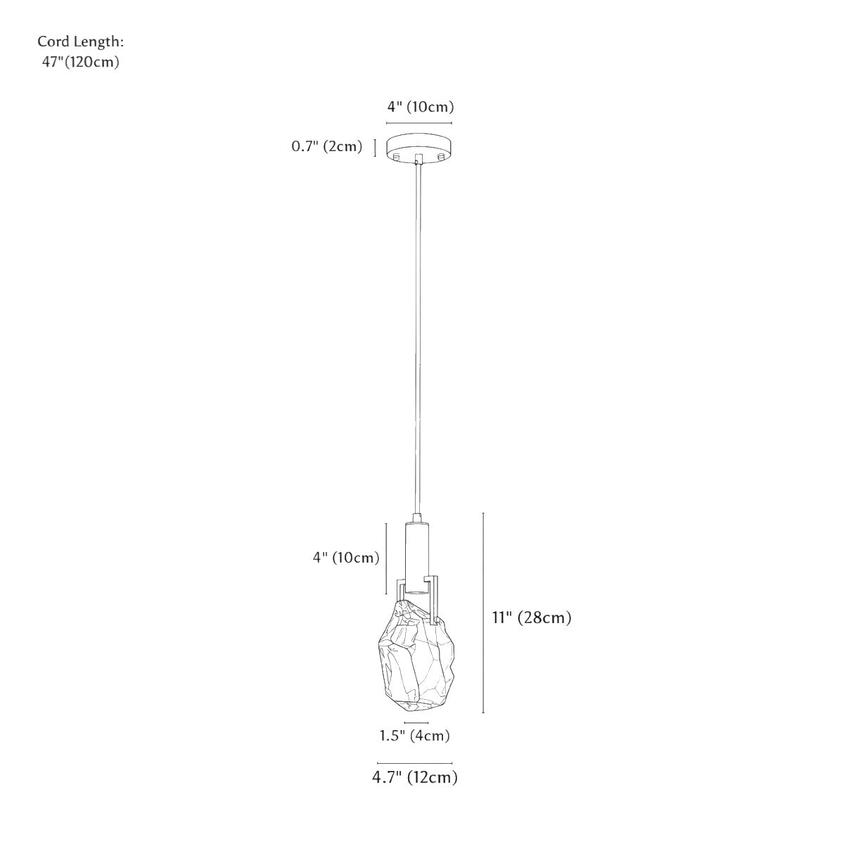 Clérachic pendant light dimension drawing, 2, every measurement marked in centimetres and inches.