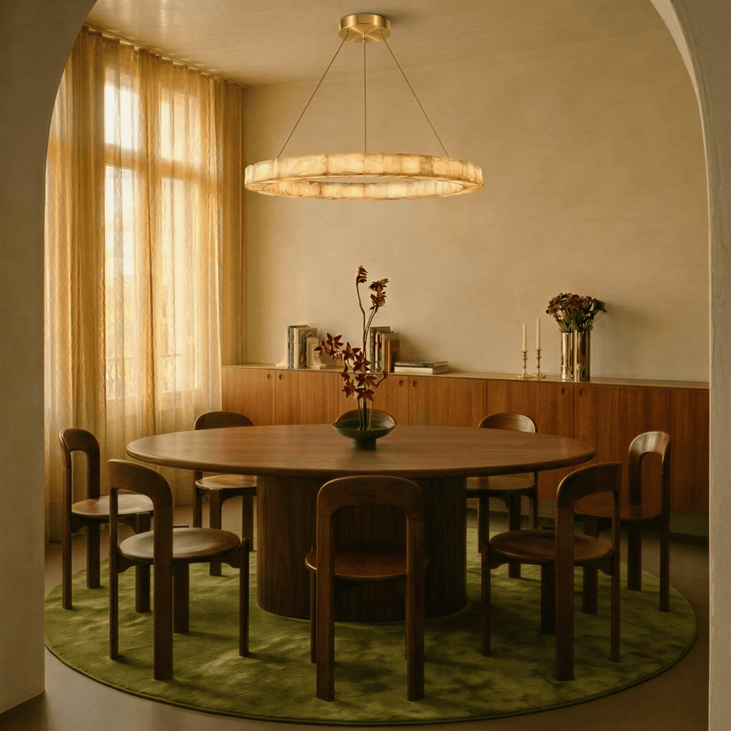 Clérachic single-ring alabaster chandelier glowing above a round dining table set on a green rug.