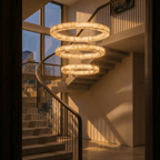 Clérachic three-tier alabaster chandelier glowing above a spiral staircase landing in warm evening light.