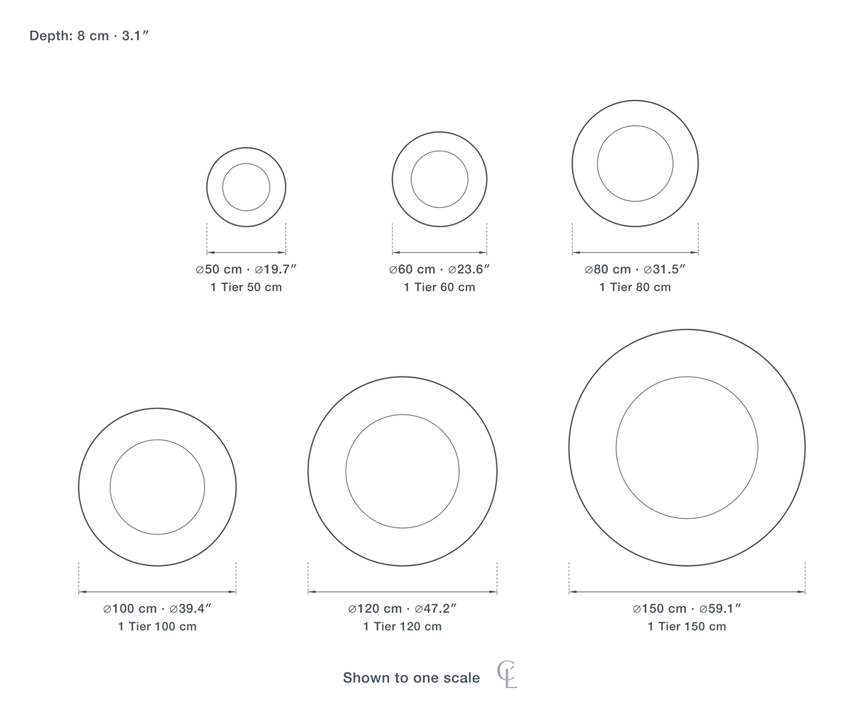 Technical dimension drawing of the Clérachic Round Alabaster Chandelier for Dining Table, Satin Nickel, 50 cm Wide in 6 sizes — 1 Tier 50 cm at 50 cm (19.7″) across, 1 Tier 60 cm at 60 cm (23.6″) across, 1 Tier 80 cm at 80 cm (31.5″) across, 1 Tier 100 cm at 100 cm (39.4″) across, 1 Tier 120 cm at 120 cm (47.2″) across, 1 Tier 150 cm at 150 cm (59.1″) across, drawn to one scale.
