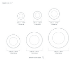 Technical dimension drawing of the Clérachic Round Alabaster Chandelier for Dining Table, Satin Nickel, 50 cm Wide in 6 sizes — 1 Tier 50 cm at 50 cm (19.7″) across, 1 Tier 60 cm at 60 cm (23.6″) across, 1 Tier 80 cm at 80 cm (31.5″) across, 1 Tier 100 cm at 100 cm (39.4″) across, 1 Tier 120 cm at 120 cm (47.2″) across, 1 Tier 150 cm at 150 cm (59.1″) across, drawn to one scale.