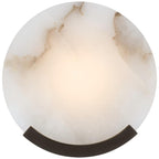 The Clérachic round wall sconce in black, the dark bracket cradling a glowing alabaster disc with amber veining.