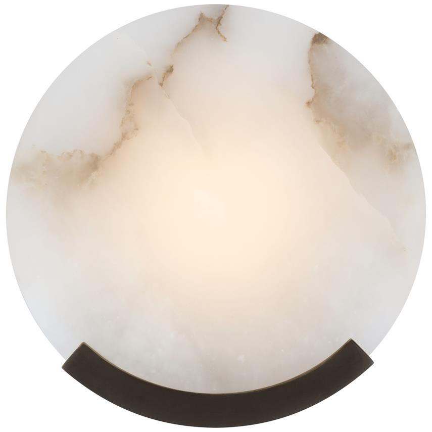 Black bracket on the Clérachic alabaster wall sconce, a lit stone disc marbled with soft brown lines above it.