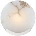 Chrome bracket under the lit Clérachic alabaster disc, the pale stone breaking into fine tan veins near the rim.