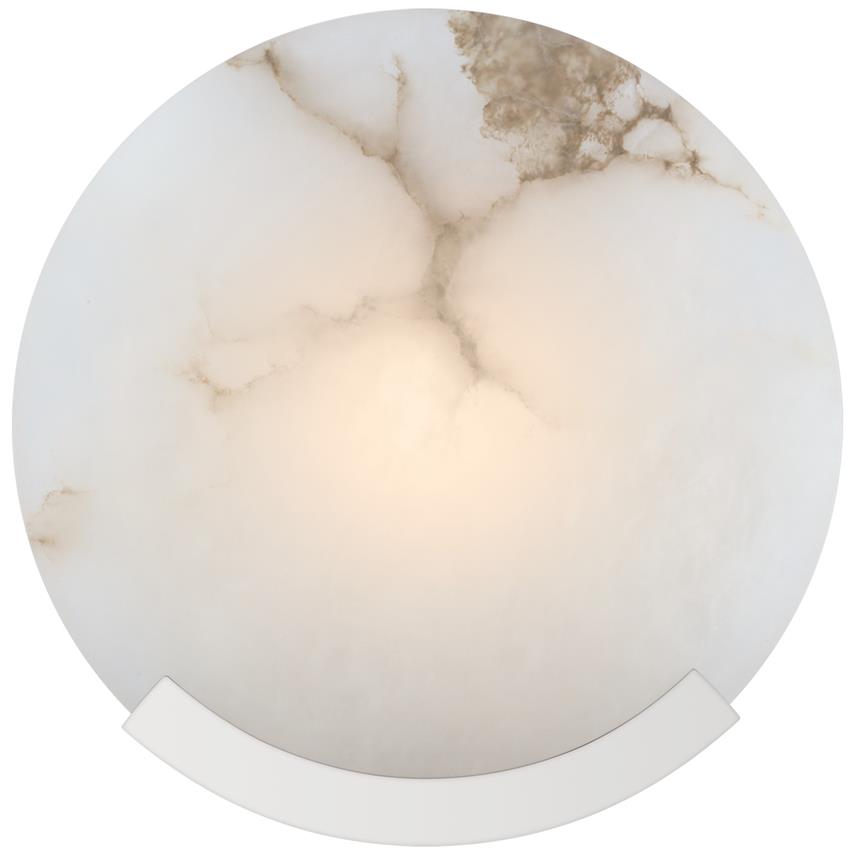Chrome bracket under the lit Clérachic alabaster disc, the pale stone breaking into fine tan veins near the rim.