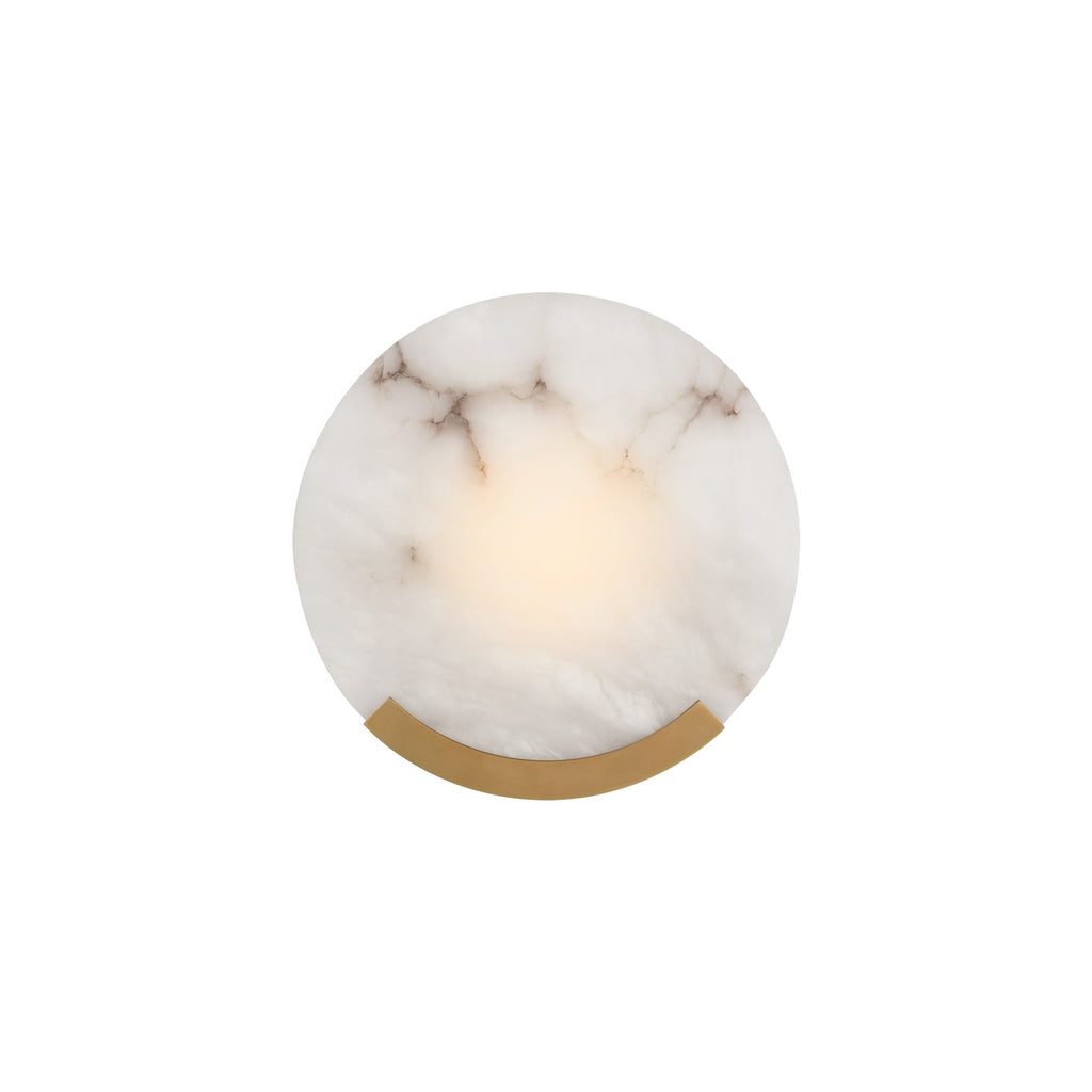 Clérachic alabaster wall sconce shown small on a white background, brass bracket beneath the warm-lit stone disc.