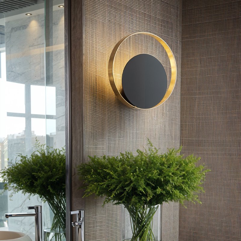 Clérachic round gold ring wall lamp with a black disc on a woven textured wall above a glass vase of green ferns in a room.