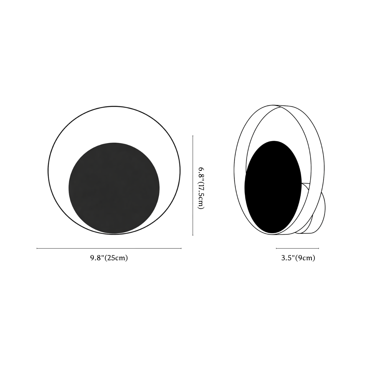 Clérachic wall light dimension drawing, 25 cm, every measurement marked in centimetres and inches.
