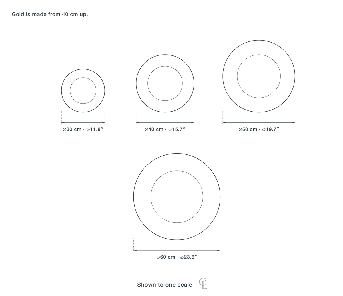 Technical dimension drawing of the Round Ceiling Light for Bedroom, Slim Profile, 30 to 60 cm in all 4 sizes — 30 cm (11.8″) across, 40 cm (15.7″) across, 50 cm (19.7″) across, 60 cm (23.6″) across, drawn to one scale.