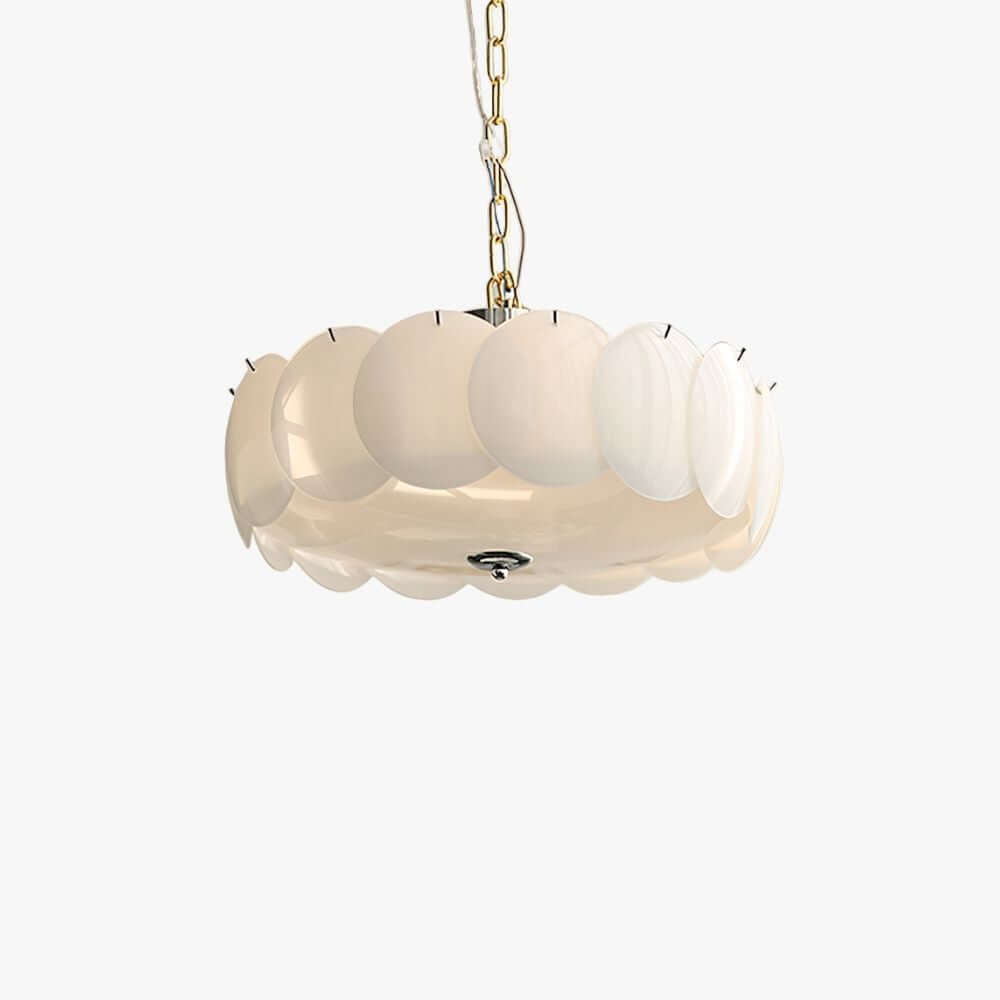 Lit Clérachic chandelier on a plain white backdrop, overlapping white glass discs around a chrome centre, hung from a fine chain.