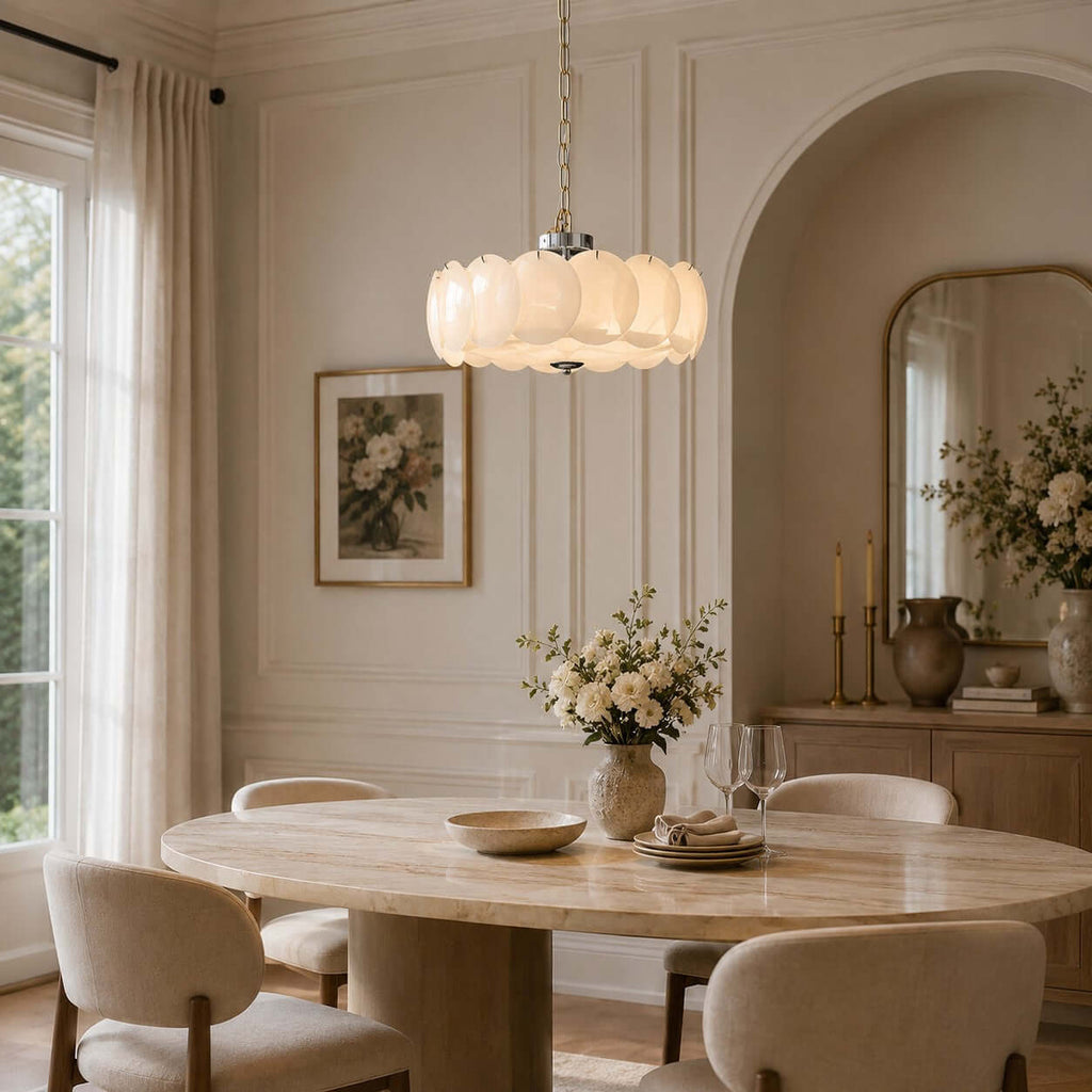 A Clérachic chandelier of white glass discs hangs over a round travertine table in a room with an arched alcove and a gilt mirror.