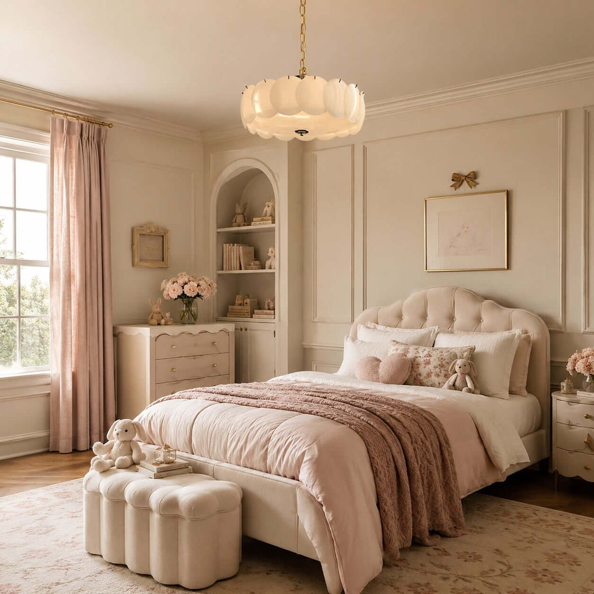 In a girl's bedroom with pink curtains and a rose-coloured bed, a Clérachic chandelier hangs from a brass chain above a scalloped bench.