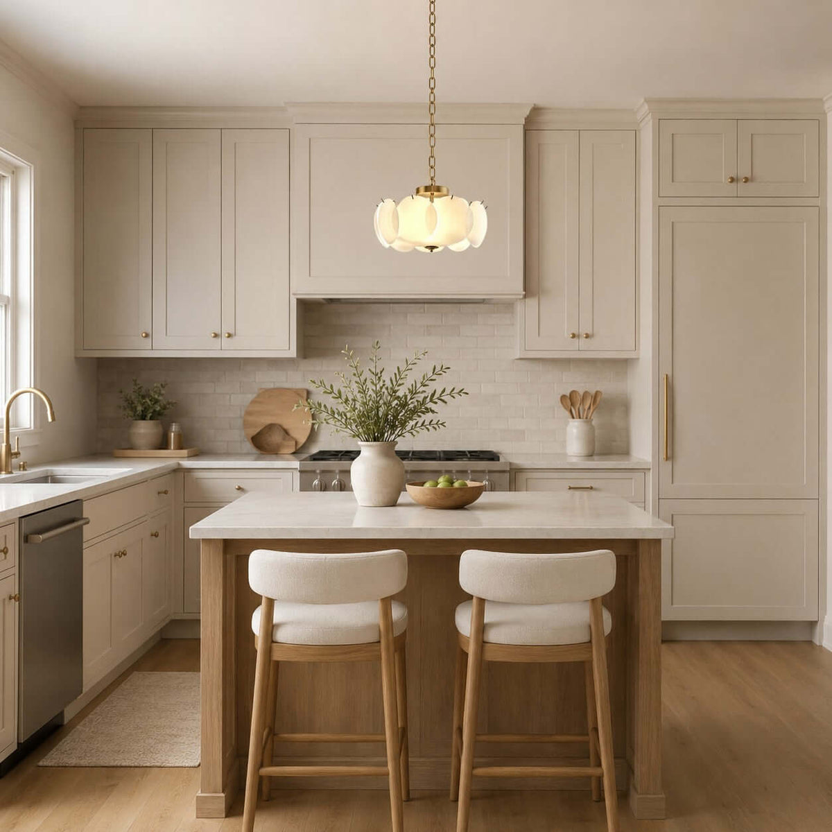 A small Clérachic chandelier with a brass chain hangs over a kitchen island with two cream stools, in front of white cabinets.