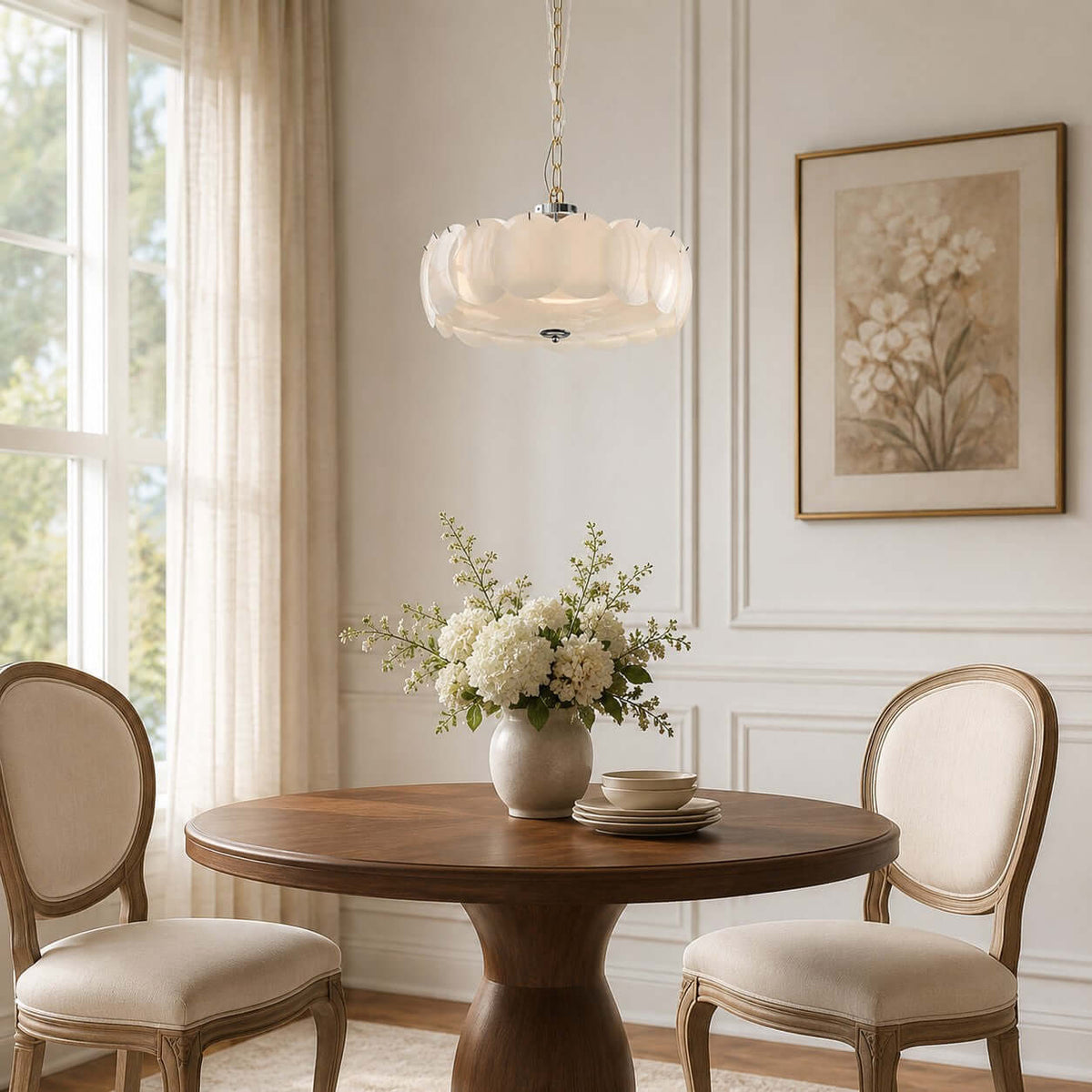 Close to a tall sash window, a Clérachic chandelier of white glass discs hangs over a round walnut table and two oval-backed chairs.