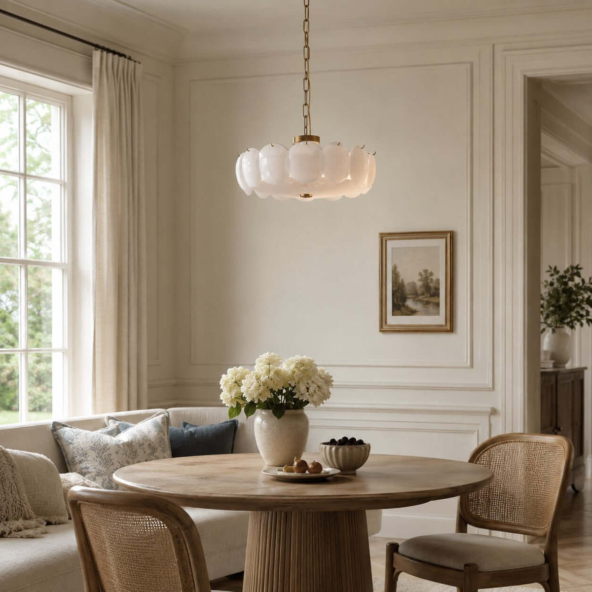 Above a round wooden table with cane chairs and a pale sofa, this Clérachic chandelier hangs from a brass chain in a bright room.
