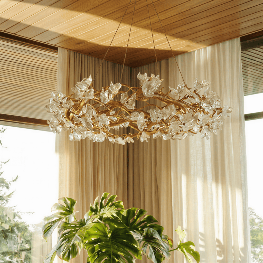 Clérachic round glass petal chandelier under a timber ceiling by tall windows with linen curtains and a leafy plant, daytime.