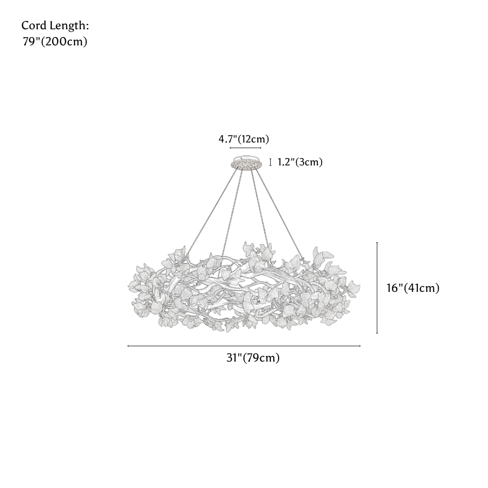 Clérachic chandelier dimension drawing, 79 × 41 cm, 103 W, every measurement marked in centimetres and inches.