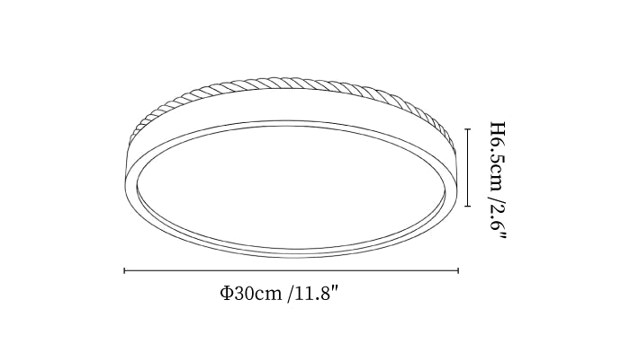 Clérachic ceiling light dimension drawing, 2 of 6, every measurement marked in centimetres and inches.