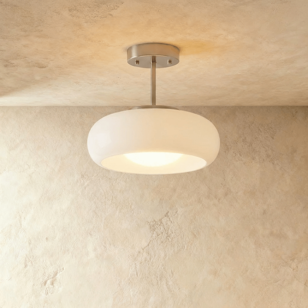 Clérachic semi-flush pendant with a rounded white glass shade on a short brushed chrome stem, softly lit against limewash.