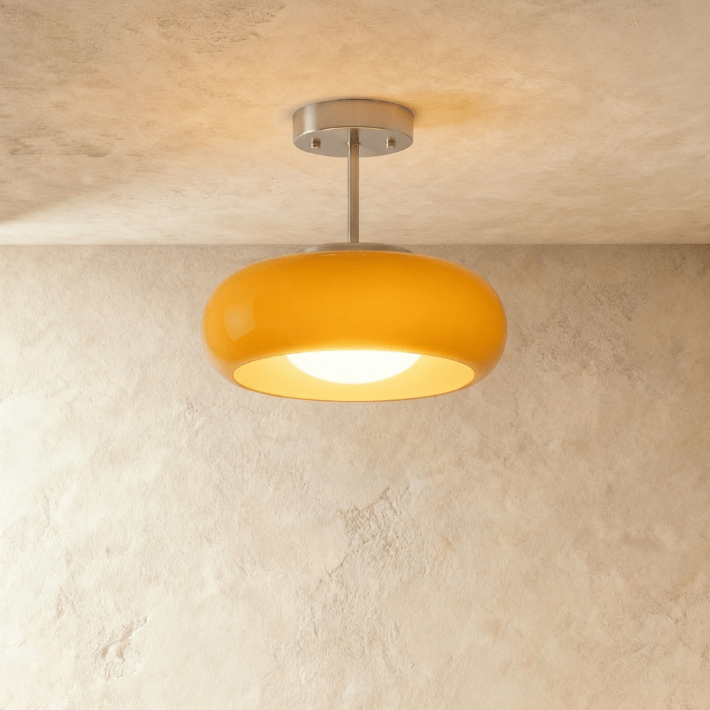 Clérachic semi-flush pendant with a rounded yellow glass shade and glowing opal bulb cover on a brushed chrome stem.