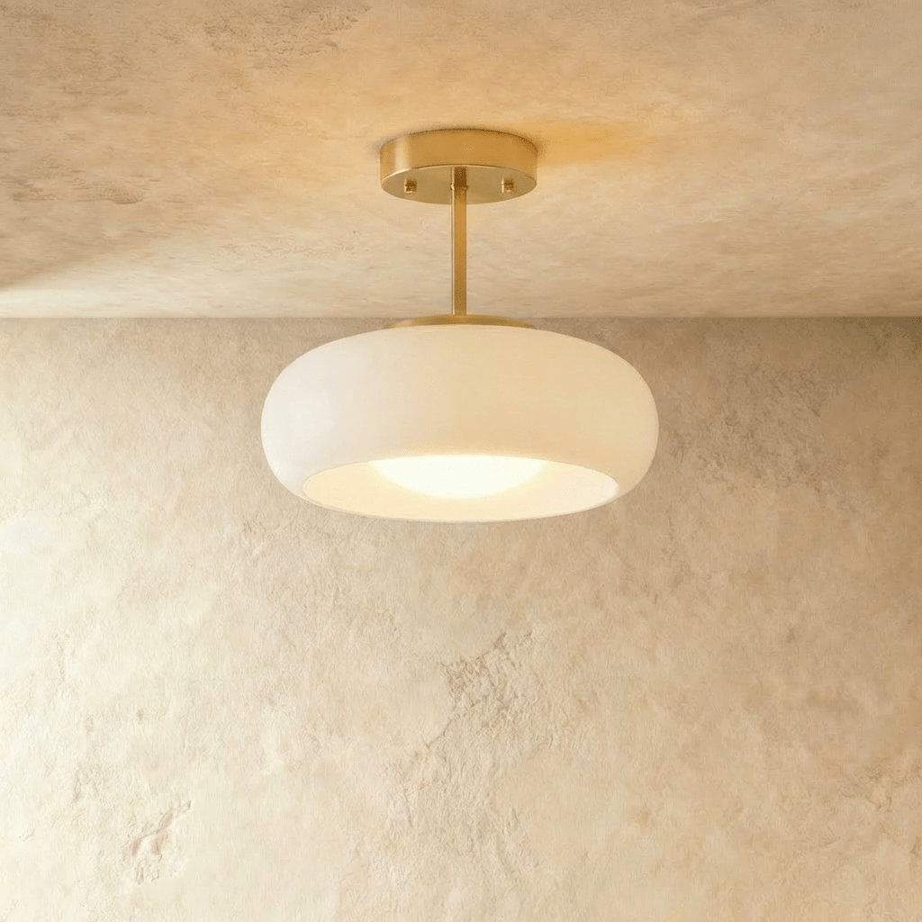 Clérachic semi-flush pendant with a rounded white glass shade on a short brass stem and round brass canopy, softly lit.