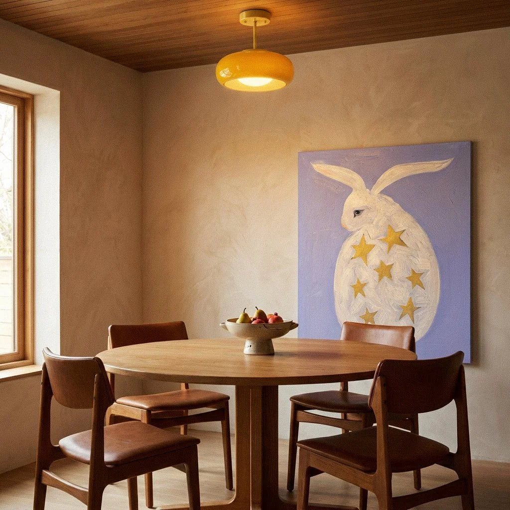 Clérachic yellow glass pendant on a brass stem above a round dining table in a warm room with a timber ceiling.