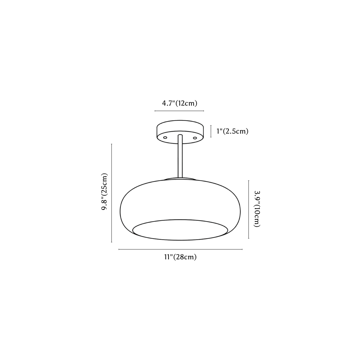 Clérachic ceiling light dimension drawing, every measurement marked in centimetres and inches.