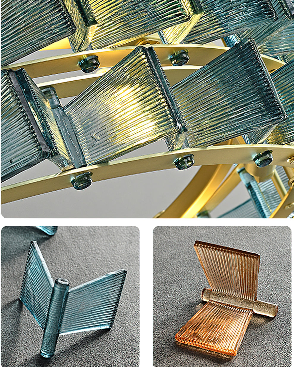 Close view of the ribbed blue glass blades fixed to the brass rings of this Clérachic chandelier, with two loose glass pieces shown below.