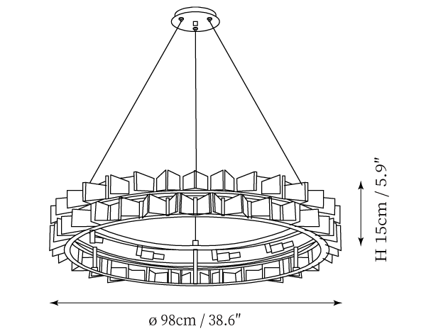 Dimension drawing of this Clérachic chandelier, with its height and width marked.