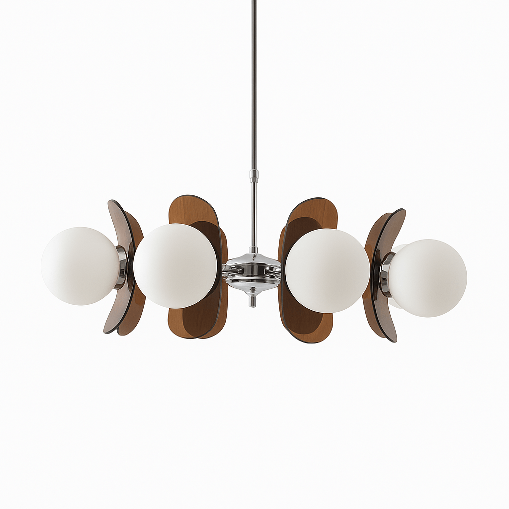 Clérachic chandelier with milky white globes and smoked brown acrylic petals on a polished chrome stem, white backdrop
