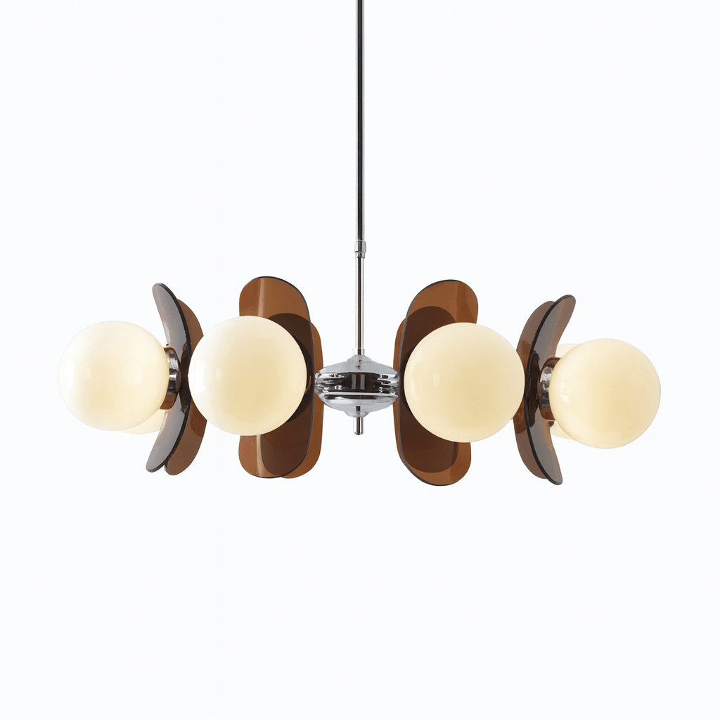 Clérachic chandelier with cream glass globes among tinted brown acrylic petals, hung from a slim chrome rod