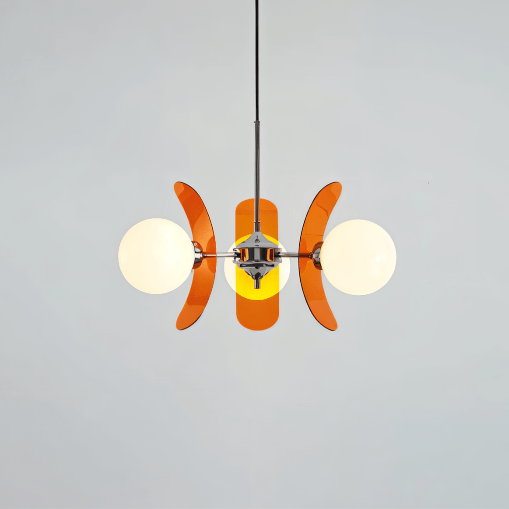 Clérachic three-globe chandelier with curved orange acrylic petals and white glass balls on a chrome hub