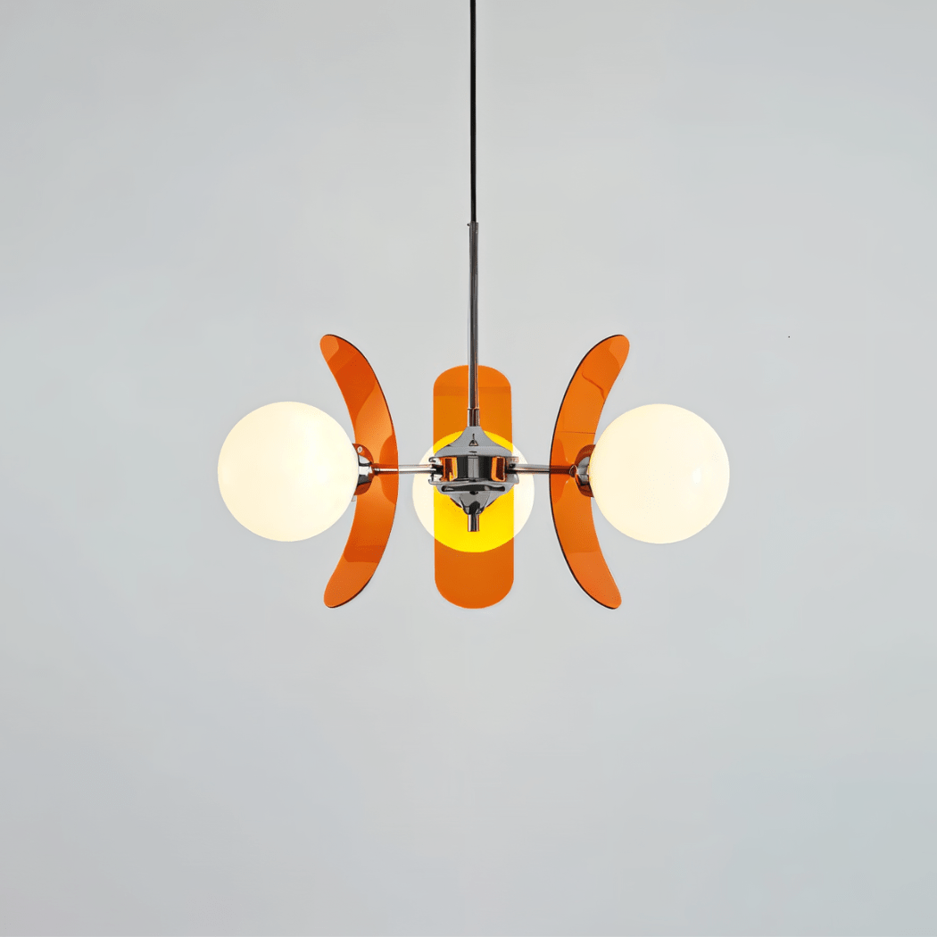 Clérachic three-globe chandelier with curved orange acrylic petals and white glass balls on a chrome hub