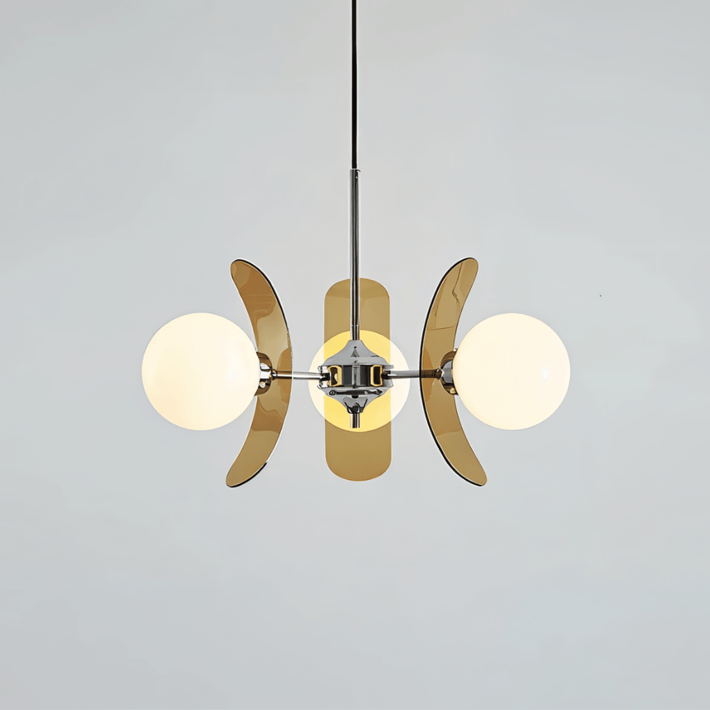 Clérachic three-globe chandelier with curved brown acrylic petals and white glass balls on a chrome hub