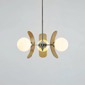 Clérachic three-globe chandelier with curved brown acrylic petals and white glass balls on a chrome hub