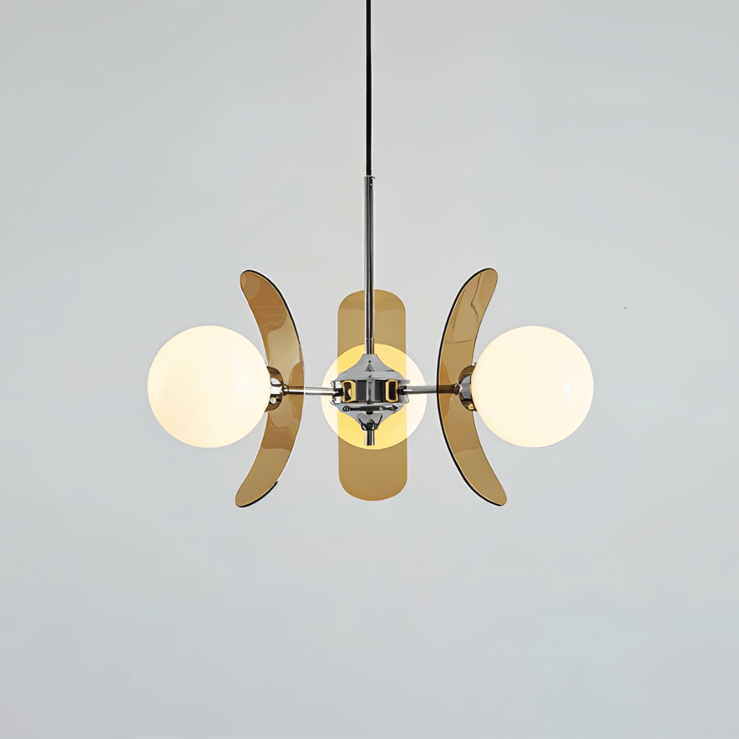 Clérachic three-globe chandelier with curved brown acrylic petals and white glass balls on a chrome hub