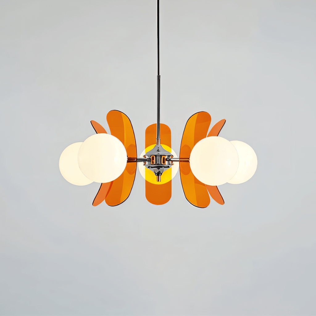 Clérachic chandelier with opal globes and layered orange acrylic petals, six lights on a chrome hub
