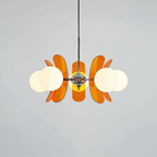 Clérachic chandelier with opal globes and layered orange acrylic petals, six lights on a chrome hub