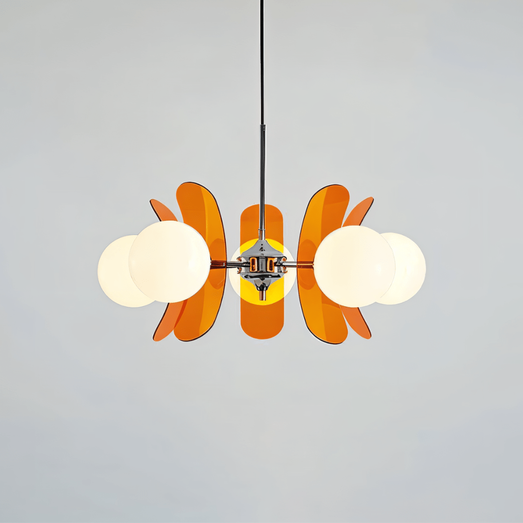 Clérachic chandelier with opal globes and layered orange acrylic petals, six lights on a chrome hub