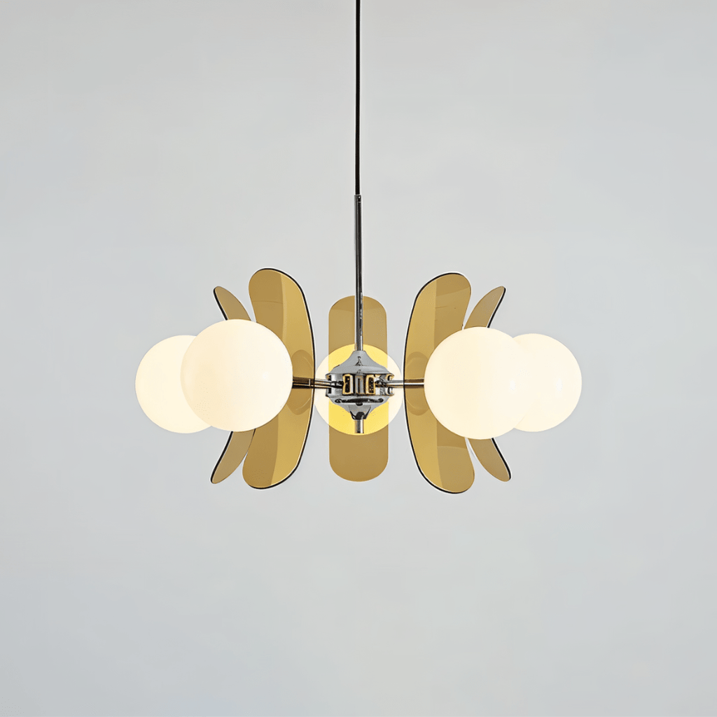 Clérachic chandelier with opal globes fanning between brown acrylic petals on a chrome hub, lit warm